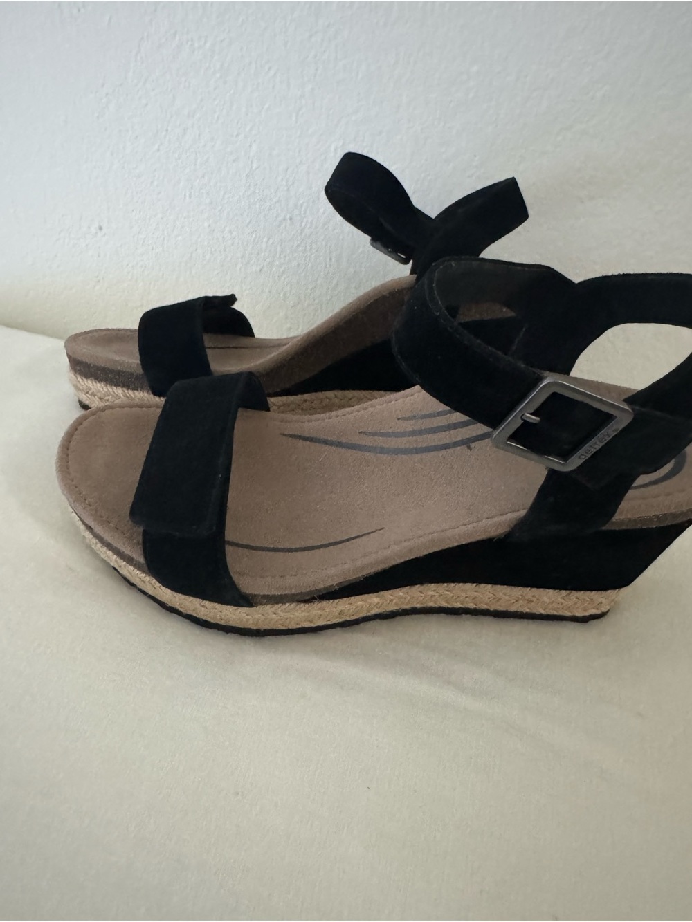 Aetrex Black Suede Espadrille Wedge Sandals with Buckle Strap